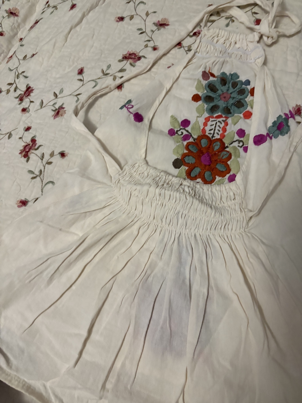 MEXICANA White Cotton Top with Multicolor Floral HAND Embroidery - Picture 2 of 16